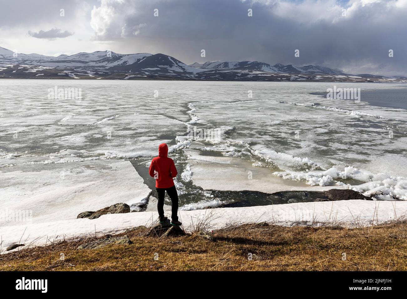 Tourist Woman in un viaggio su strada intorno alla Georgia, guardando il lago ghiacciato Paravani e le montagne innevate sullo sfondo, Javakheti Volcanic Plateau Foto Stock