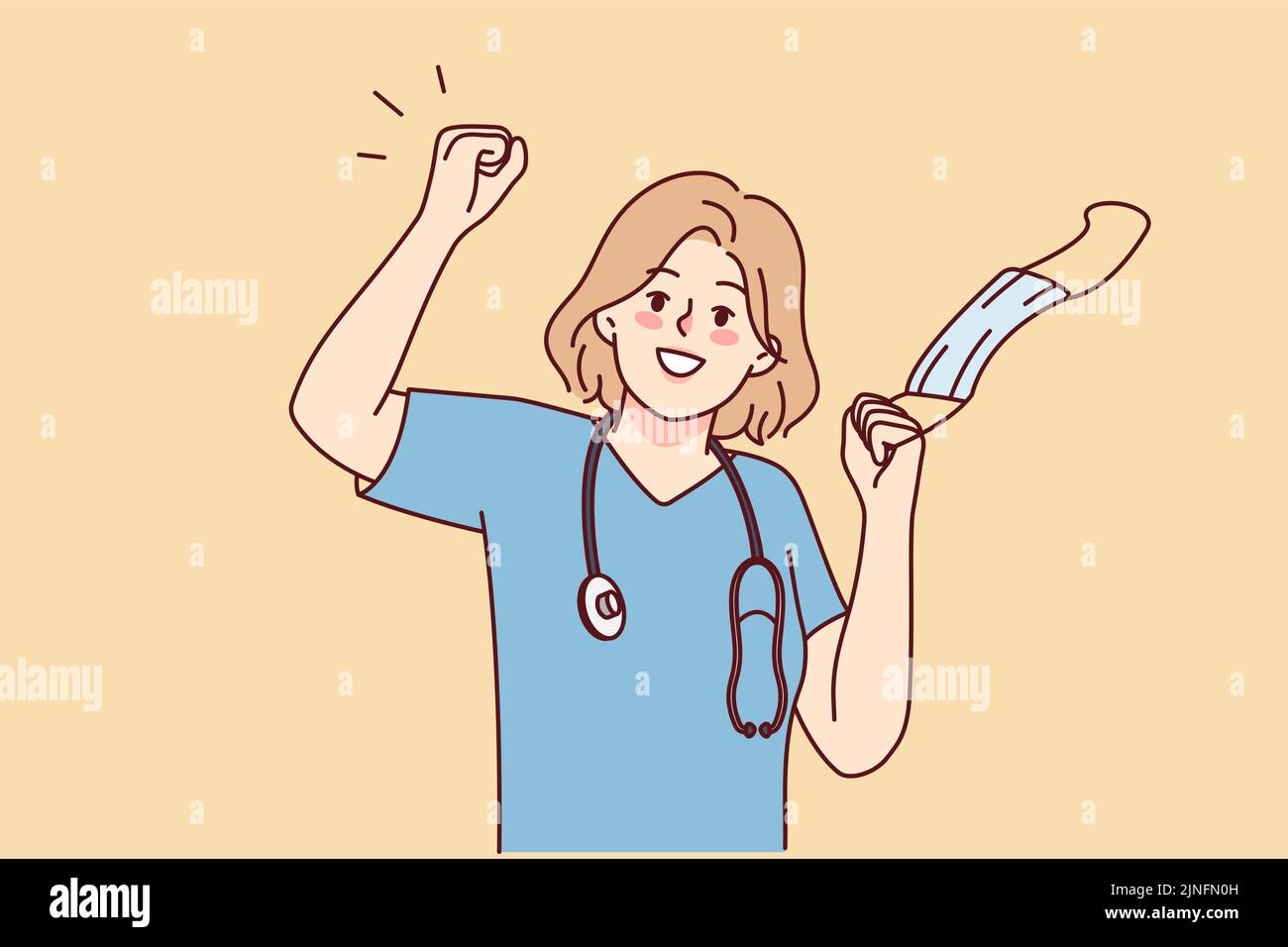 Overjoyed medico specialista togliere maschera viso celebrare fine del blocco. Medico sorridente o infermiere rimuovere la maschera facciale sensazione di ottimismo. Illustrazione vettoriale. Illustrazione Vettoriale