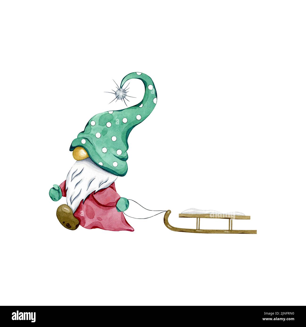 Gnomo nordico di natale dipinto a mano in un cappello verde con una slitta. Inverno natale personaggio cartone animato per cartolina. Struttura e sfondo acquerello. Foto Stock