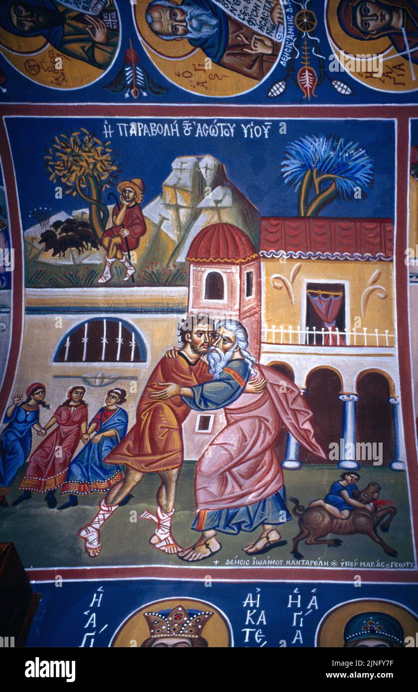 Atene Grecia Agios Georgios Chiesa del 19th ° secolo sulla collina di Lykavittos - fresco del figlio prodigo ritorno parabola dal nuovo Testamento Foto Stock