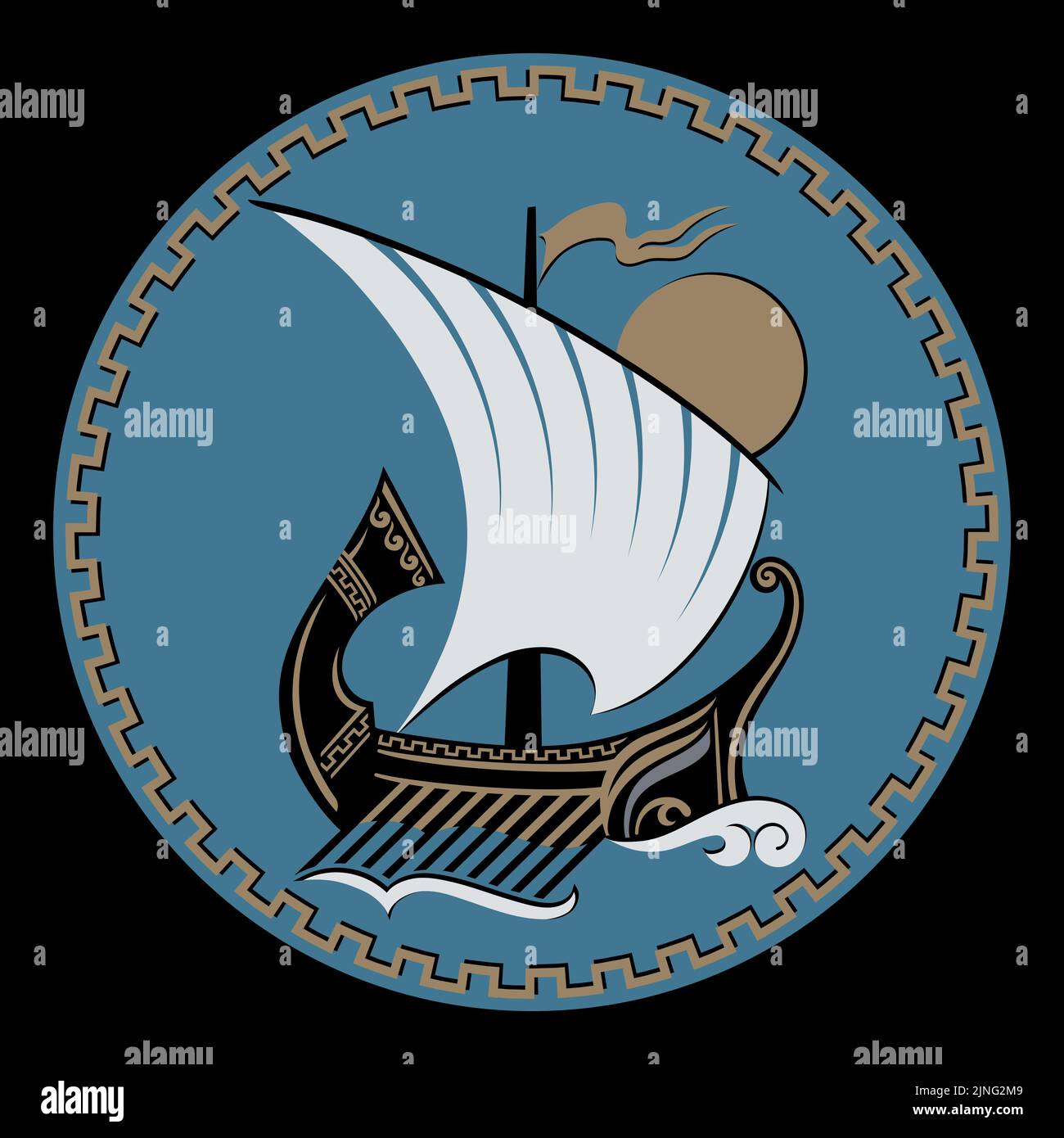 Scudo greco vintage, design. Antica galera di navi a vela greche - triera e ornamento greco meandro Illustrazione Vettoriale