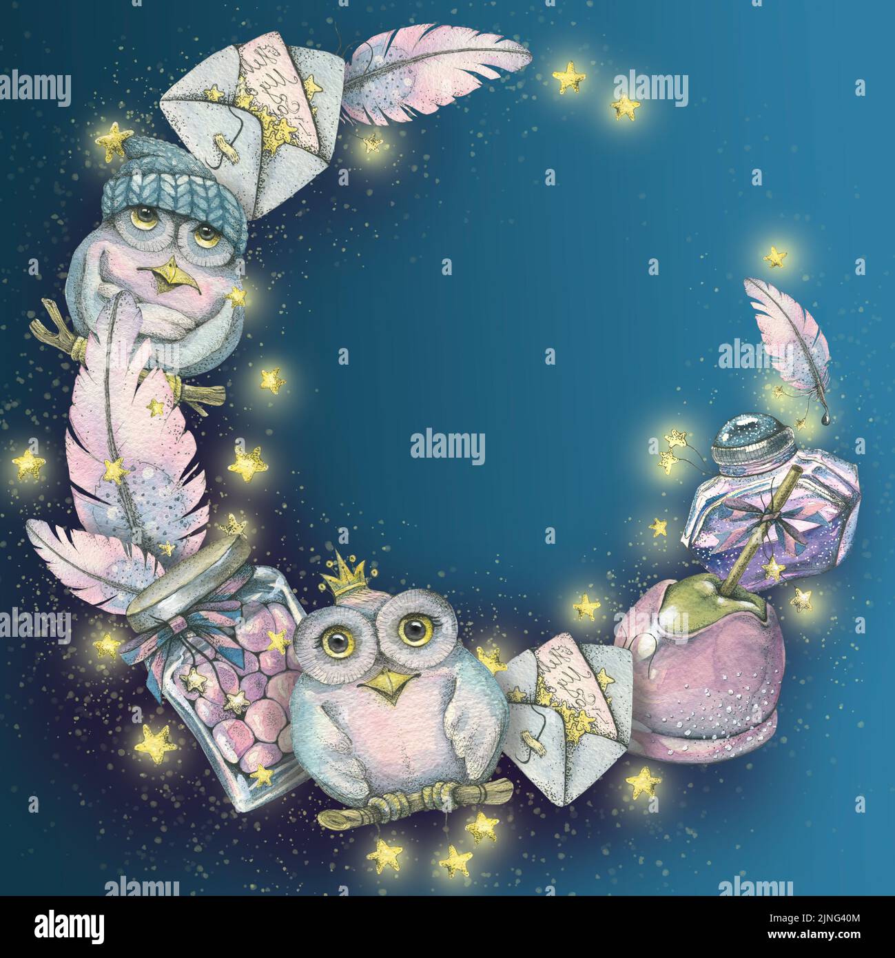Cornice rotonda con parole magiche, dolci, lettere e stelle su sfondo blu scuro. Illustrazione acquerello. Per la decorazione e il design dei bambini Foto Stock