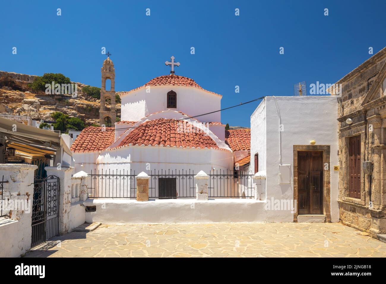 Chiesa di Panagia nella città di Lindos sull'isola di Rodi, Grecia, Europa. Foto Stock