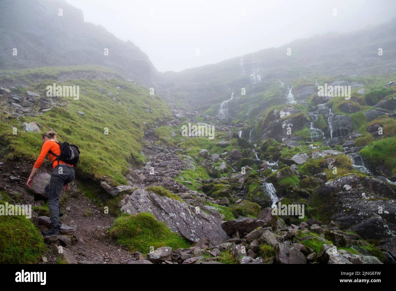 Una donna su una cima arancione e un piccolo zaino sale il ripido sentiero fino alla cima del Caurrantoohil Irelands picco più alto Foto Stock