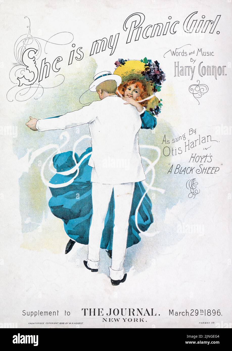 Lei è la mia ragazza pic-nic (1893) parole e musica di Harry Connor, come cantato da Otis Harlan in Hoyt 'Una pecora nera,' supplemento al giornale, New York. Copertina per musica spartiti. Illustrazione di W. R. Hearst Foto Stock
