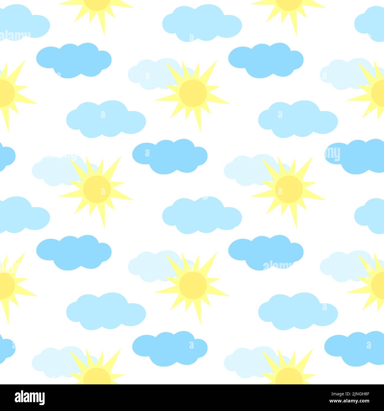 Sole e nuvole disegno vettoriale senza giunture. Sfondo chiaro giorno di sole. Stampa per tessuti, carta, carta da parati e design per bambini. Celeste Illustrazione Vettoriale