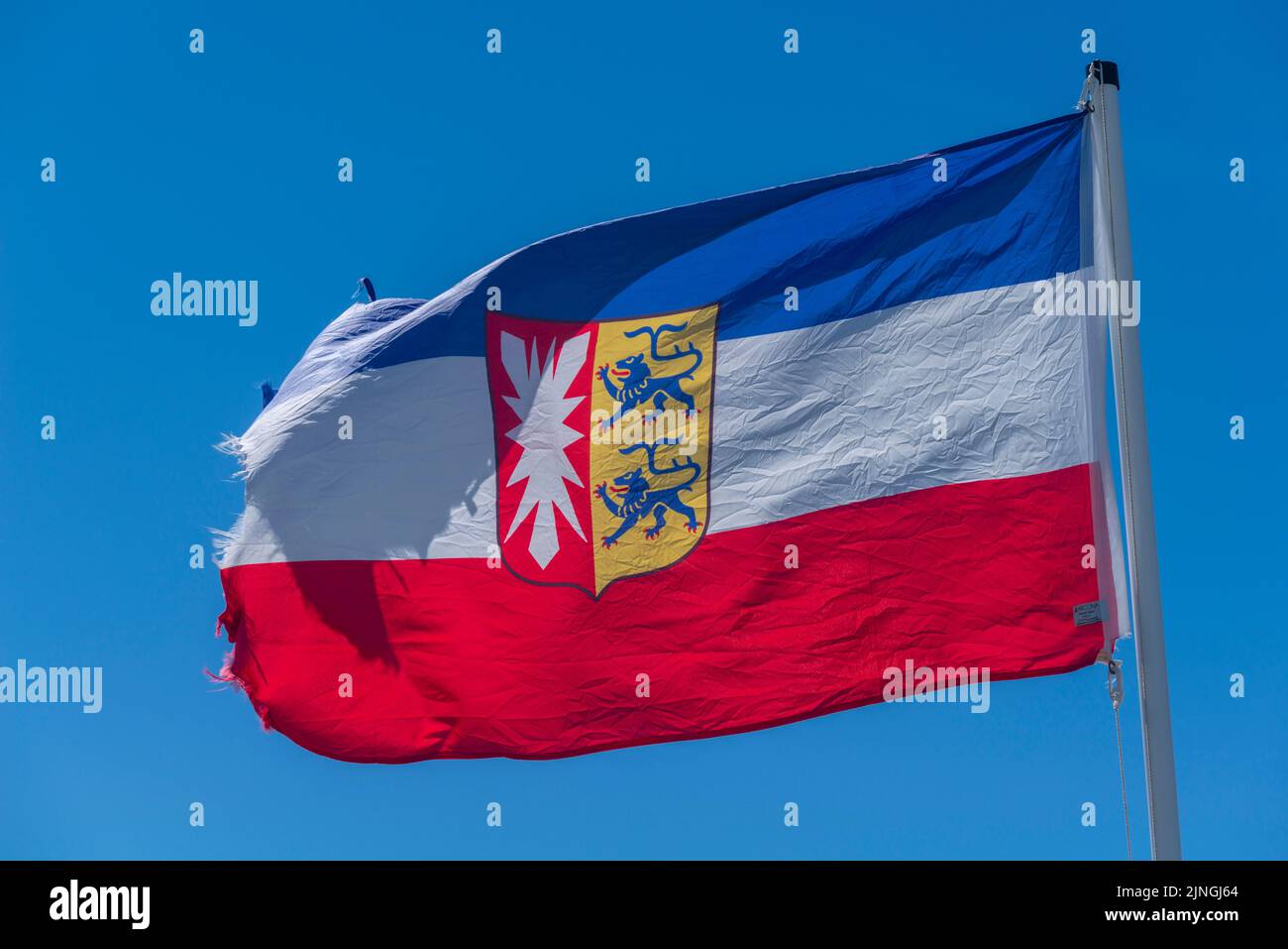 Bandiera ed emblema di Schleswig-Holstein, Stato federale di Germania, Europa Foto Stock
