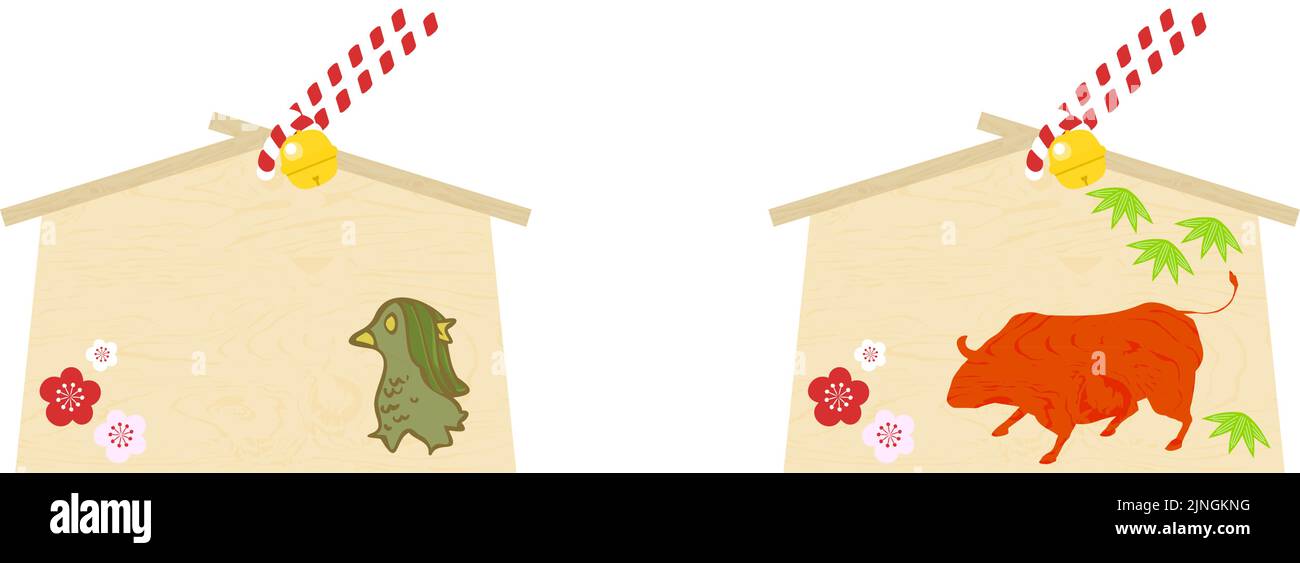 Compressa votiva: Illustrazione vettoriale della compressa votiva con amabier e bue con spazio per scrivere desideri design in stile giapponese Illustrazione Vettoriale
