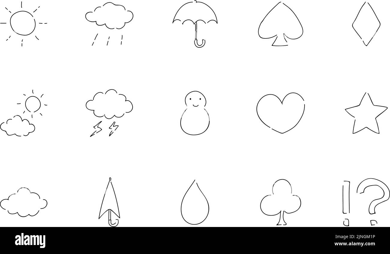 Set di icone scritte a mano ruvida: Previsioni meteo e carte da gioco illustrazione vettoriale versione in bianco e nero Illustrazione Vettoriale