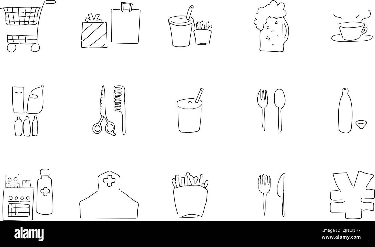 Set di icone scritte a mano: Shopping e mangiare illustrazioni vettoriali versione in bianco e nero Illustrazione Vettoriale Set di icone scritte a mano: Shopping e mangiare illustrazioni vettoriali versione in bianco e nero Illustrazione Vettoriale