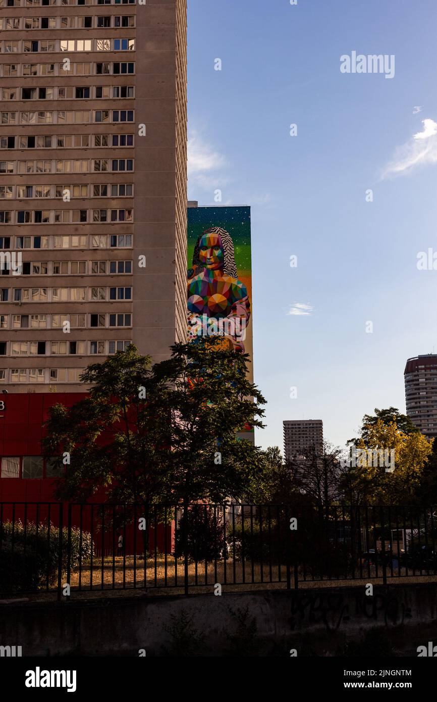 Parigi, Francia - 13 luglio: Vista del gigante murale dipinto dal titolo la Nuova Mona Lisa di Okuda San Miguel al 13th° arrondissement di Parigi su Ju Foto Stock