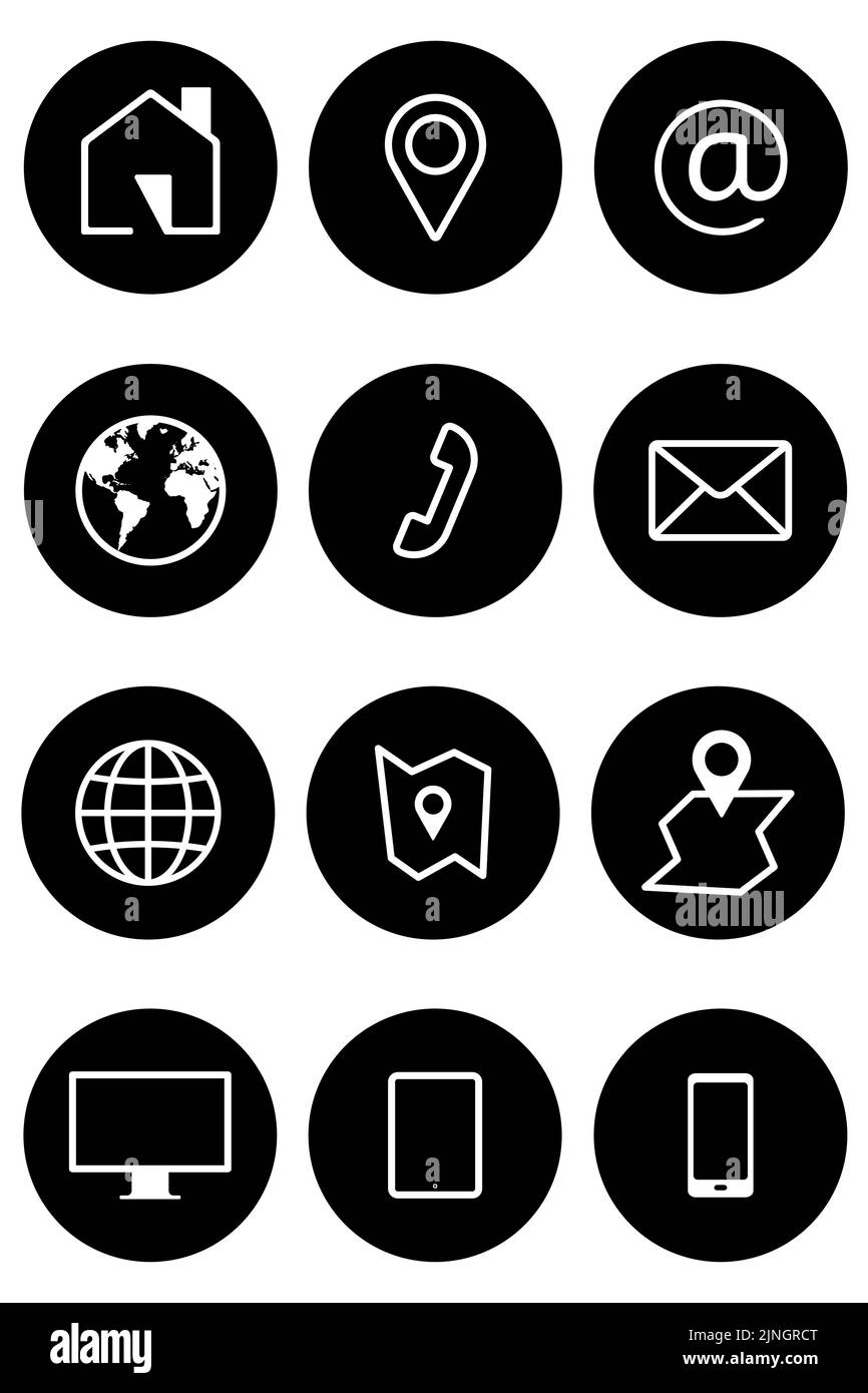 Set di icone dei contatti aziendali. Gruppo di simboli di comunicazione per app web e mobile. Illustrazione vettoriale stile pulsante rotondo Illustrazione Vettoriale