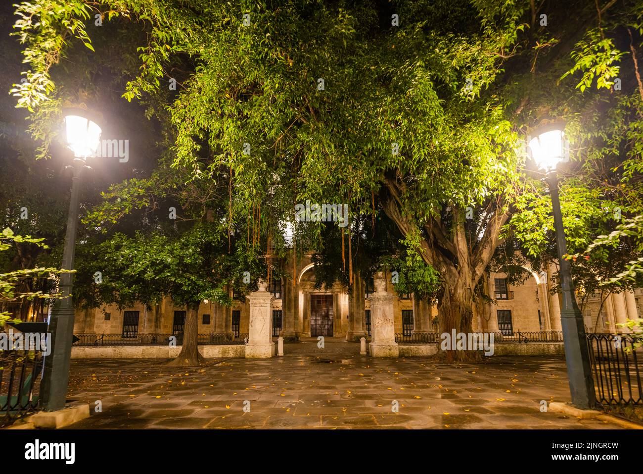 CITTÀ DELL'AVANA, CUBA - 2 GENNAIO: Plaza de Armas di notte il 2 gennaio 2021 a l'Avana, Cuba Foto Stock