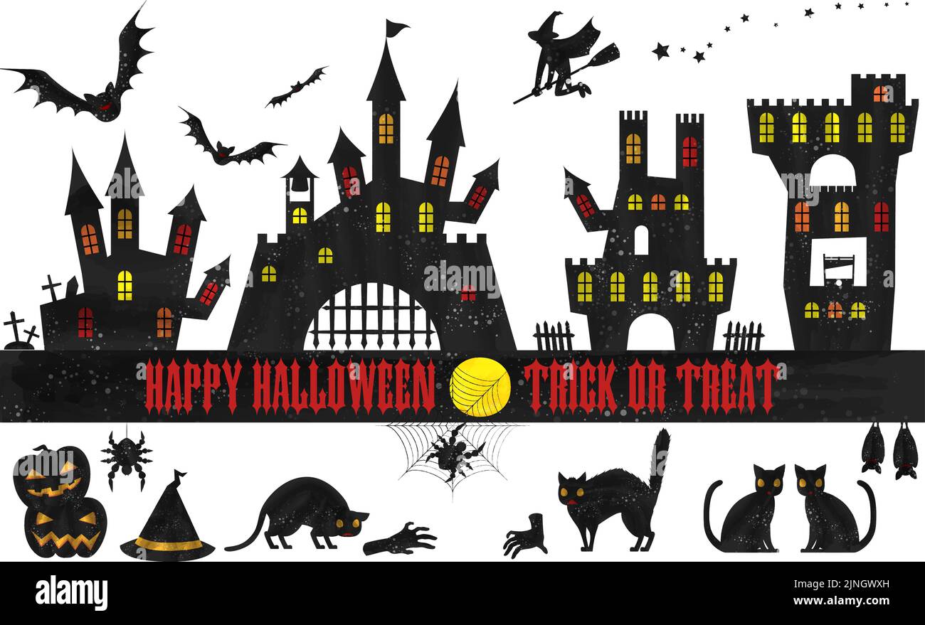 Set di materiali per silhouette di Halloween: Antico castello e pipistrelli, zucca e gatto Vector illustrazione Illustrazione Vettoriale