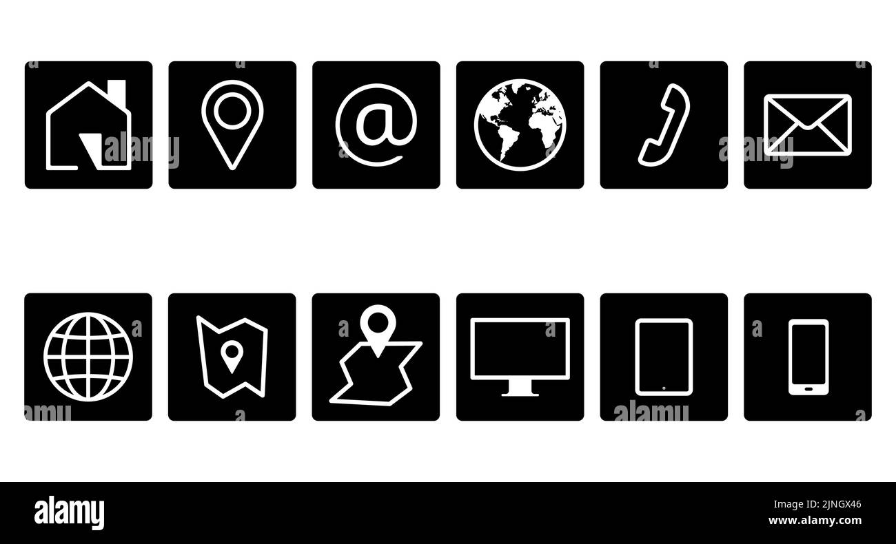 Set di icone dei contatti aziendali. Gruppo di simboli di comunicazione per app web e mobile. Illustrazione vettoriale stile pulsante quadrato Illustrazione Vettoriale