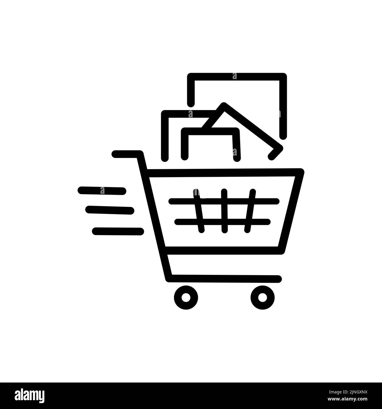 Carrello con vettore icona prodotto. Acquisti con consegna. Icona lineare vettoriale isolata su sfondo bianco. Illustrazione Vettoriale