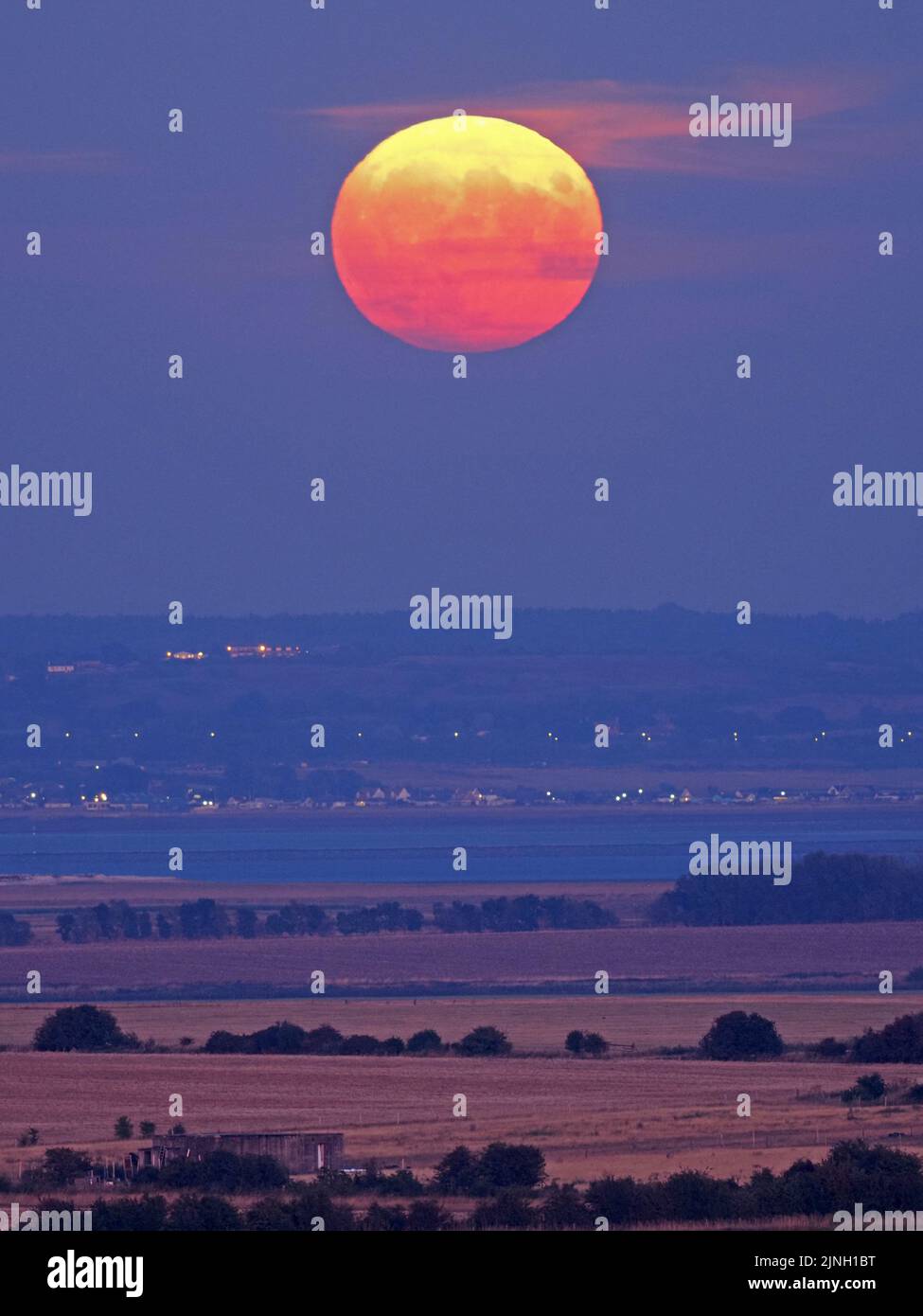 Eastchurch, Kent, Regno Unito. 11th ago, 2022. UK Weather: The full Sturgeon Moon - l'ultima superluna del 2022 - visto salire su campi arroccati in Eastchurch, Kent questa sera. Credit: James Bell/Alamy Live News Foto Stock