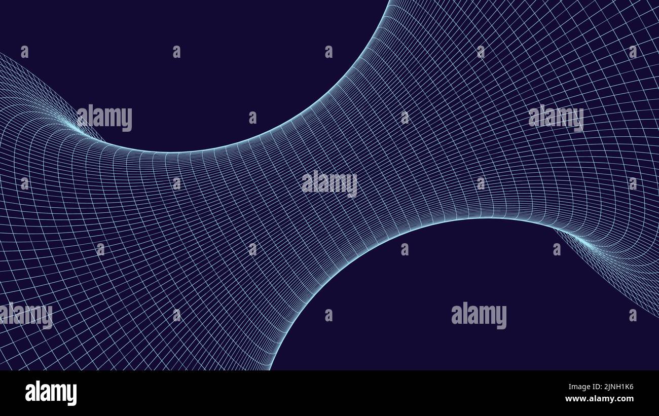 Illustrazione vettoriale di un tunnel a reticolo 3D. Modello di wormhole mesh che rappresenta il tessuto dello spazio e del tempo. Illustrazione Vettoriale