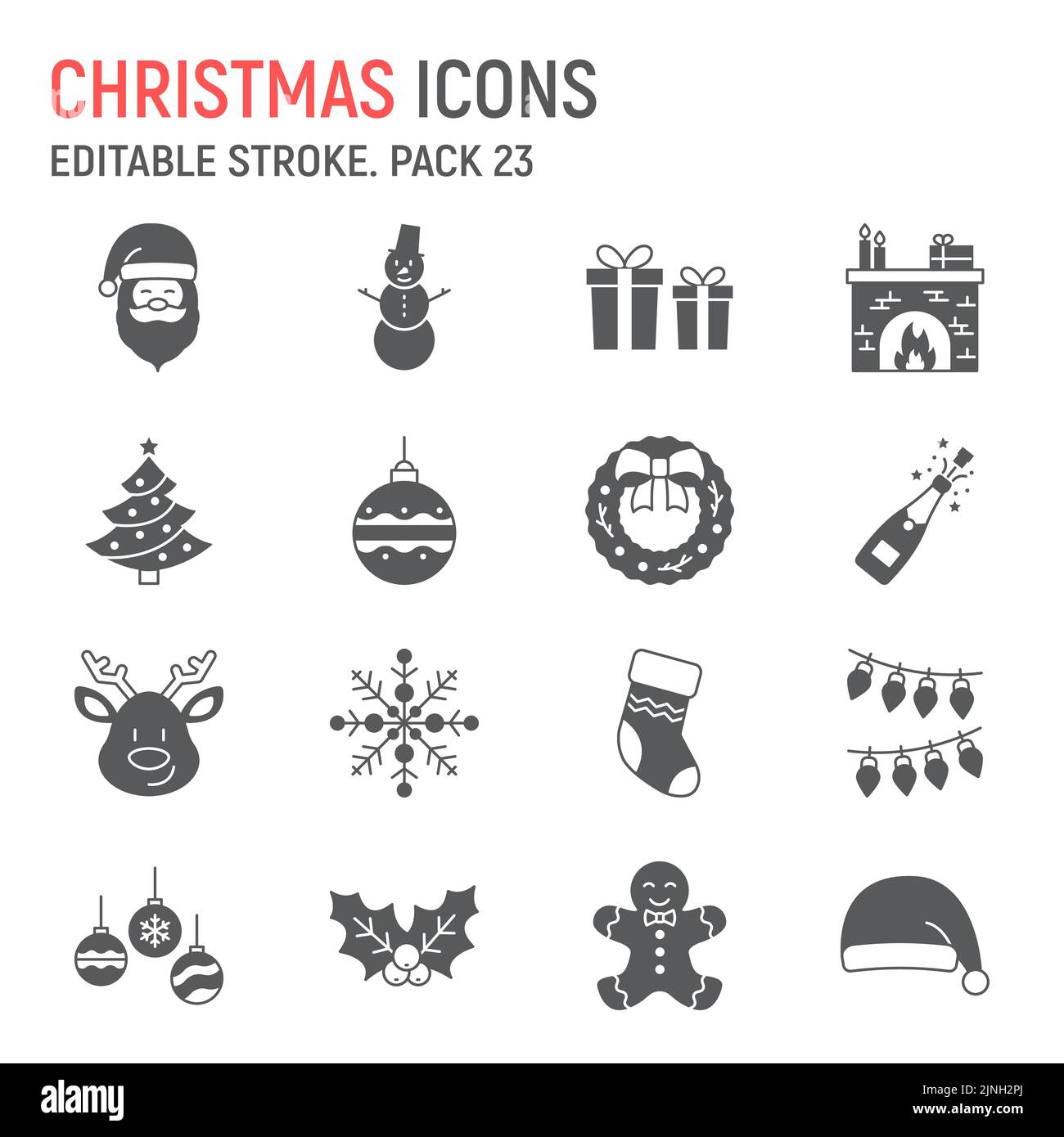 Set icone glifo Natale, collezione Capodanno, grafica vettoriale, illustrazioni logo, icone vettore buon Natale, segni xmas, pittogrammi solidi, tratto modificabile Illustrazione Vettoriale