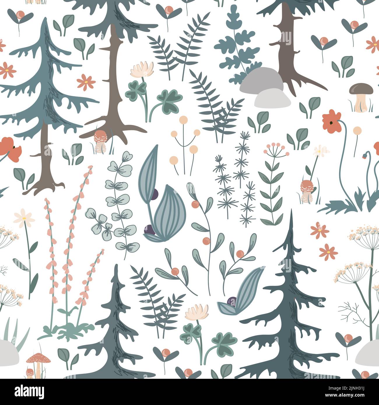 Doodle e accogliente bosco senza cuciture modello. Piante di foresta disegnate a mano sullo sfondo bianco. Disegno in stile scandinavo di erbe e fiori. Vettore Illustrazione Vettoriale