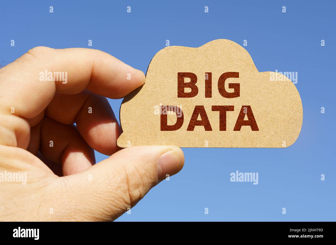 Sullo sfondo del cielo nelle mani di un uomo, una figura di una nuvola con l'iscrizione - BIG DATA. Tecnologia e concetto aziendale. Foto Stock