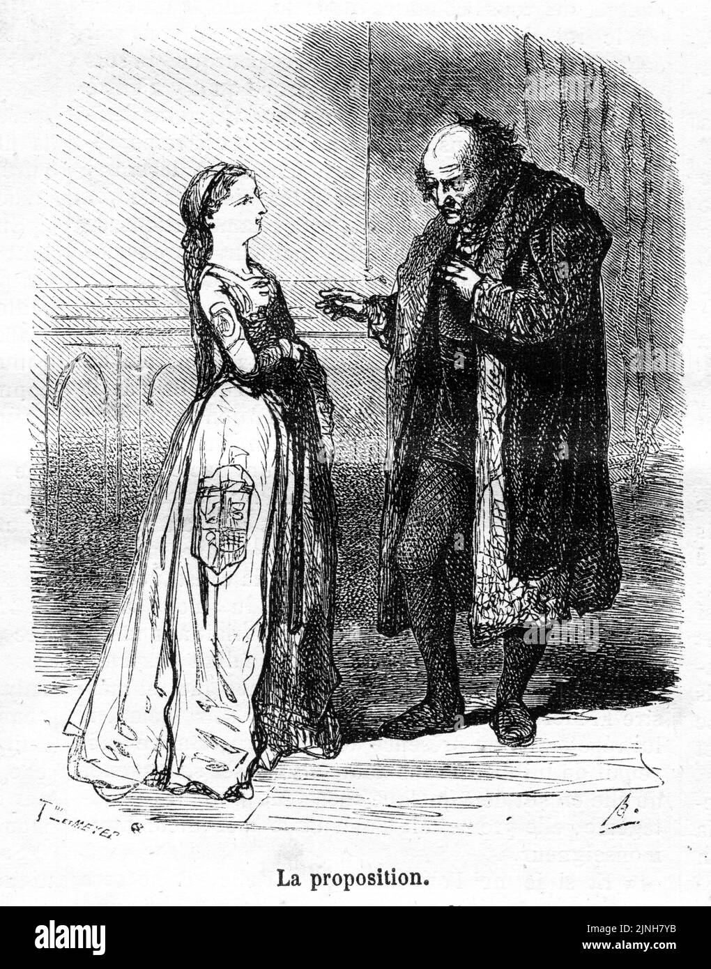 Incisione di un anziano che propone ad una giovane donna, circa 1850 Foto Stock