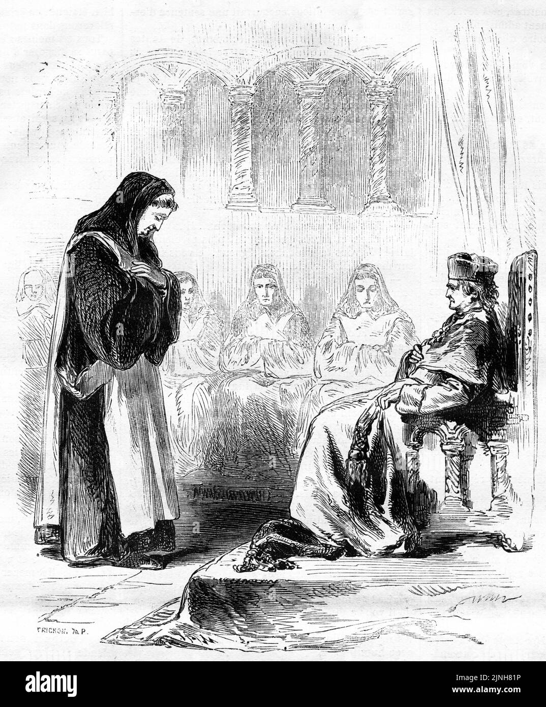 Incisione del teologo italiano Bonaventure (1221 – 1274), davanti all'Abate. Nato Giovanni di Fidanza, Bonaventura era francescano, vescovo, cardinale, teologo e filosofo della scuola cattolica italiana. Immagine circa 1850. Foto Stock