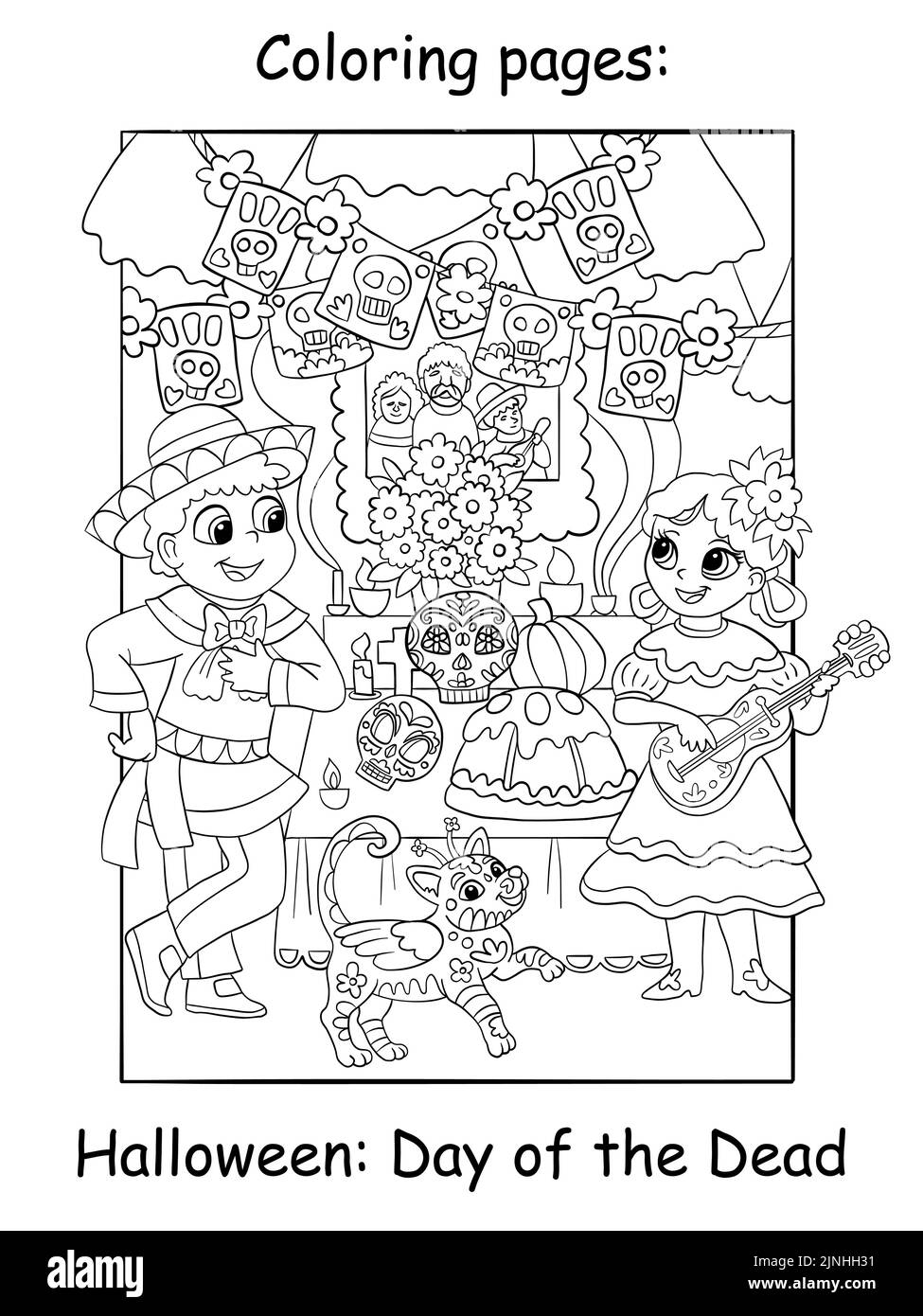 I bambini carini si levano in piedi al tavolo di festa al giorno della festa morta in Messico. Concetto di Halloween. Pagina del libro da colorare per i bambini. Cartoon vettoriale Illustrazione Vettoriale