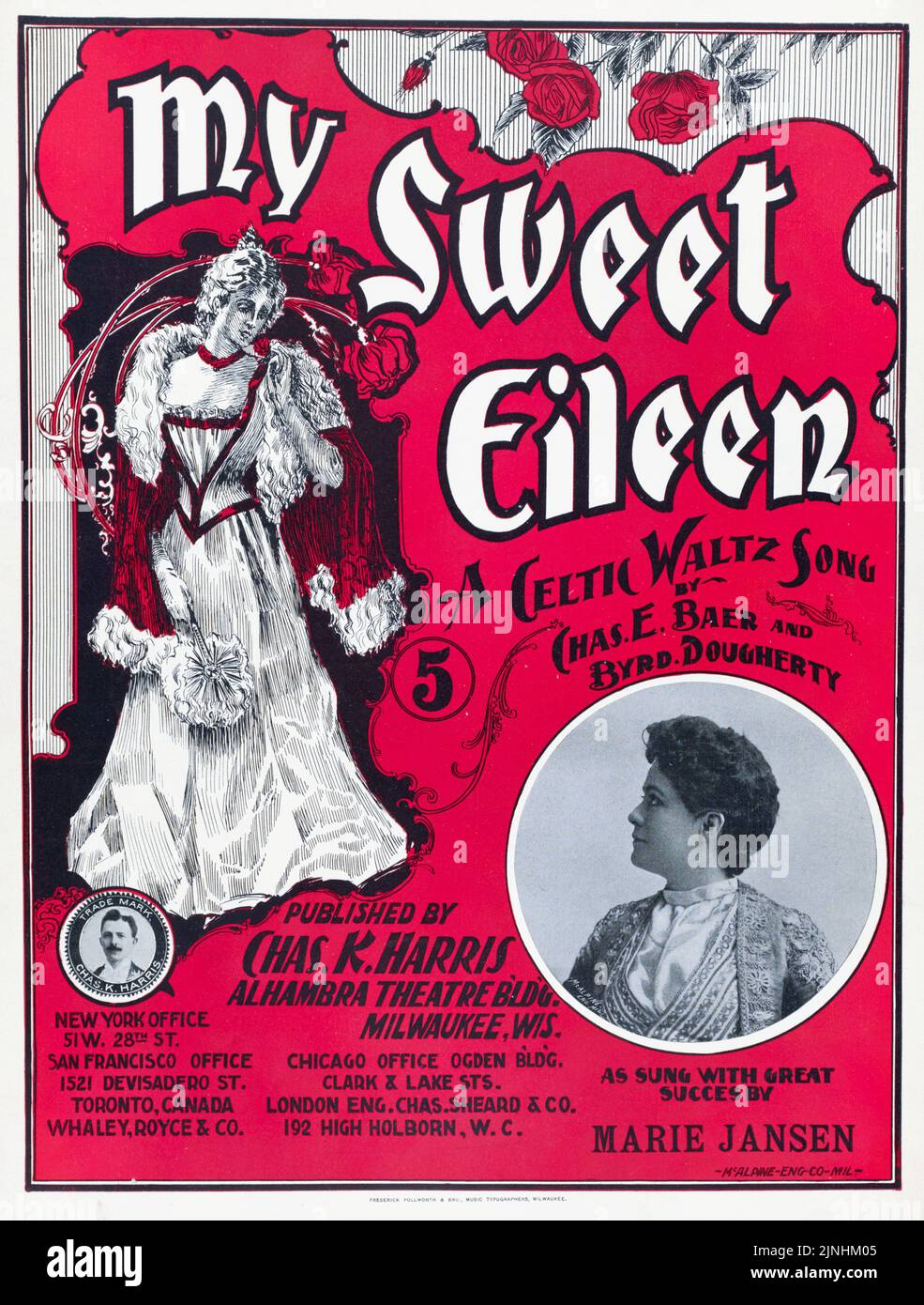 My Sweet Eileen (1898) Una canzone Celtic Waltz, di Charles E. Baer e Byrd Dougherty, pubblicata da Charles K. Harris, cantata da Marie Jansen. Copertina per musica spartiti. Foto Stock