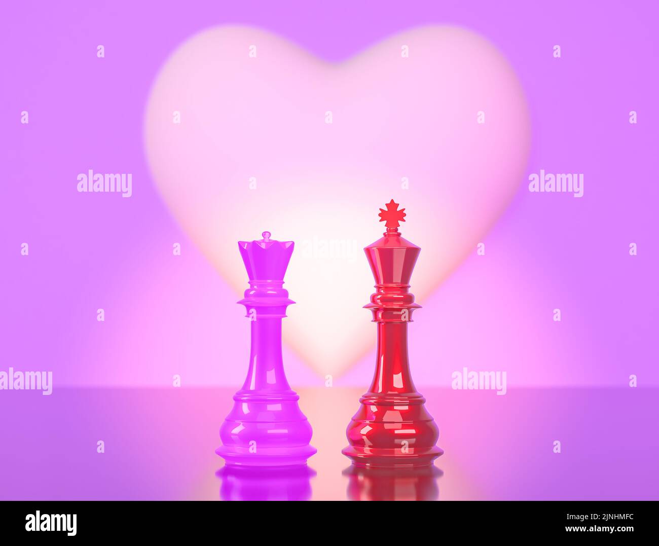 Il re e la regina degli scacchi si affiancano guardando ad un nuovo futuro, il concetto di amore e compassione. 3d illustrazioni Foto Stock