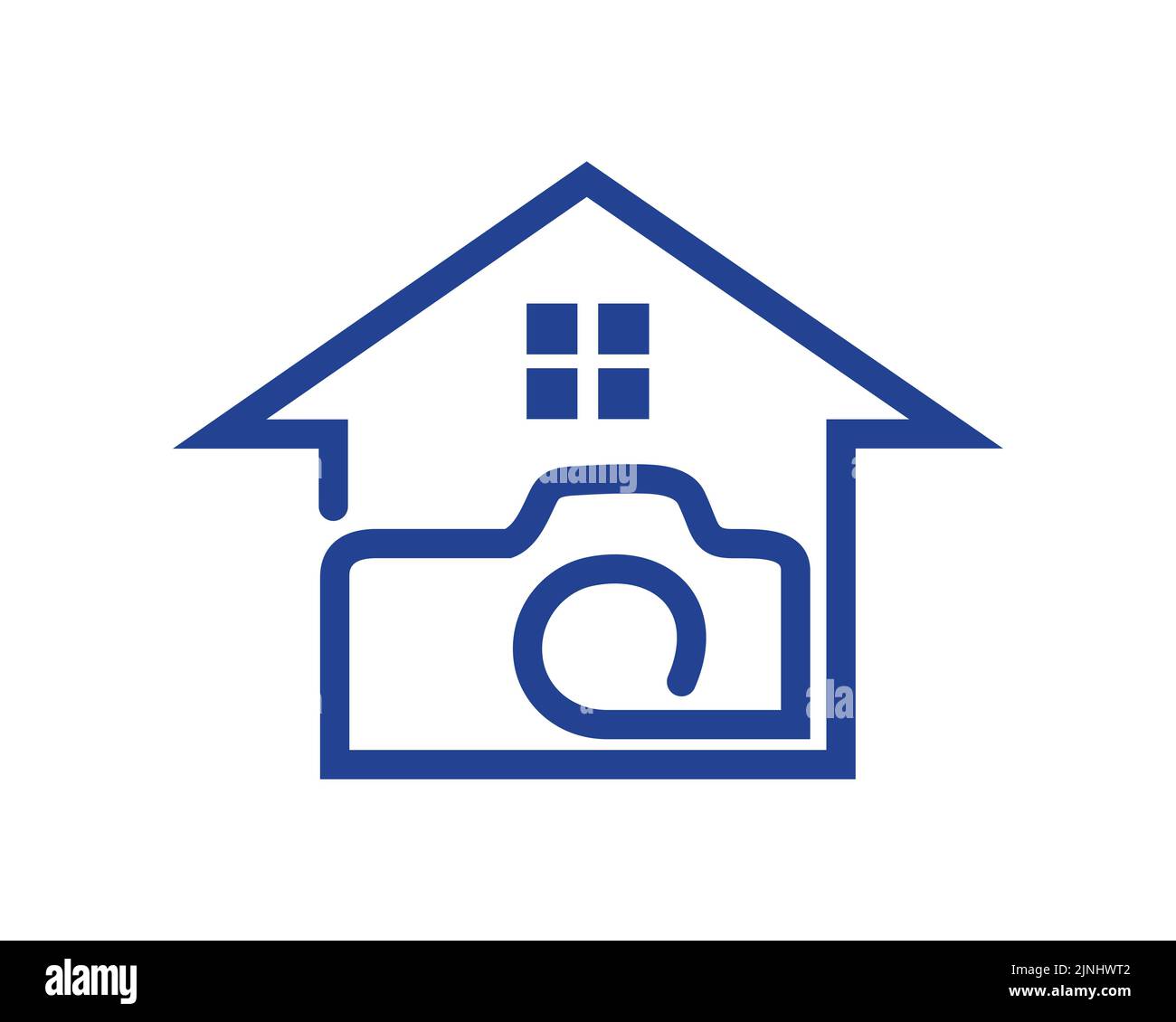 Casa semplice abbinata all'illustrazione della fotocamera. Visualizzata con il colore blu e l'illustrazione semplice. Studio di fotografia di simbolizzazione, laboratorio di stampa della foto Illustrazione Vettoriale