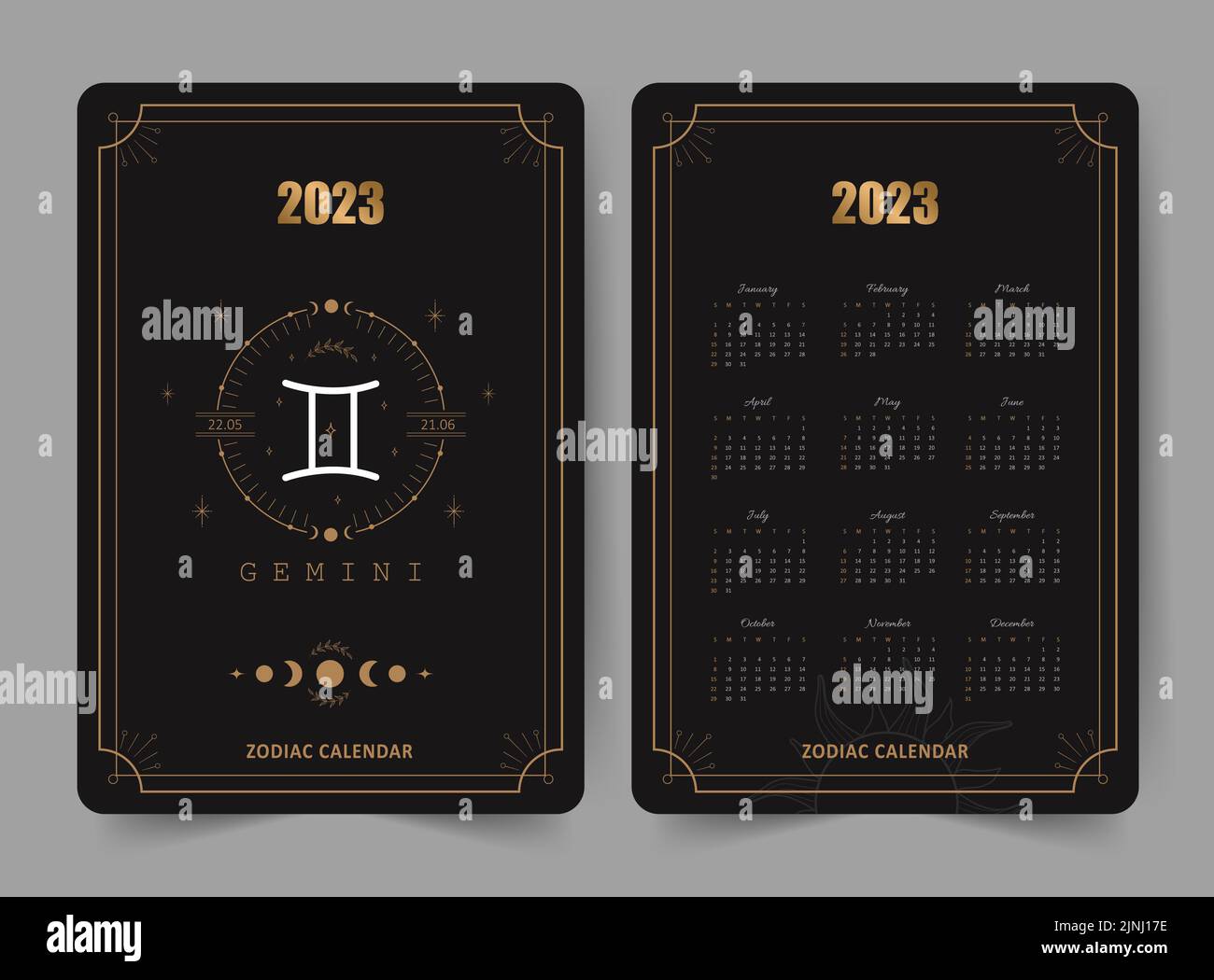 Calendario Zodiac gemini 2023. Formato tascabile. Lato anteriore e posteriore. La settimana inizia la domenica. Modello vettoriale astrologico pronto per la stampa. Layout verticale in Illustrazione Vettoriale