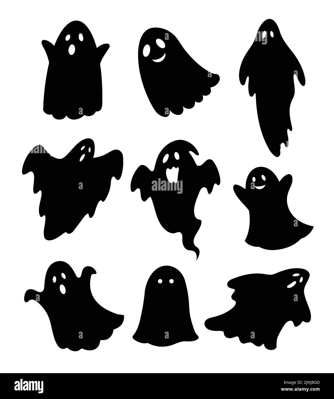 Set di cartoni animati disegnati a mano dai fantasmi di Halloween. Silhouette fantasma che volano su sfondo bianco. Illustrazione Vettoriale