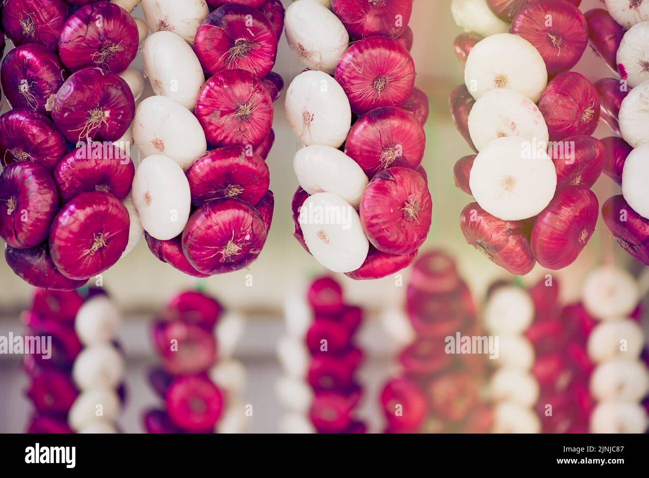 Commercializzazione diretta di treccia di aglio e cipolle appese di fronte, cipolla rossa e bianca Foto Stock