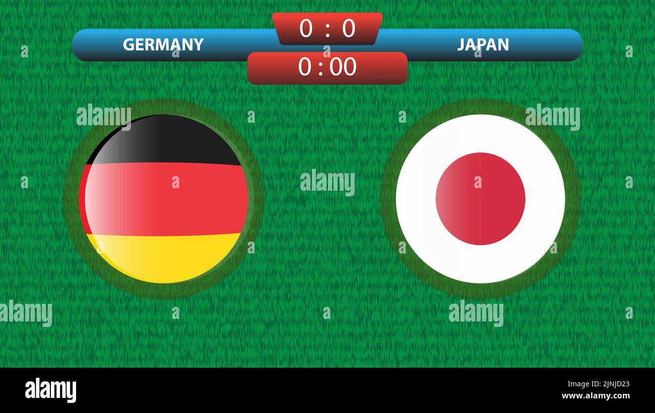 Modello di tabellone segnapunti Germania vs Giappone per il torneo di calcio 2022 in Qatar. Raggruppa Una partita. Illustrazione vettoriale. Modello sportivo. Illustrazione Vettoriale