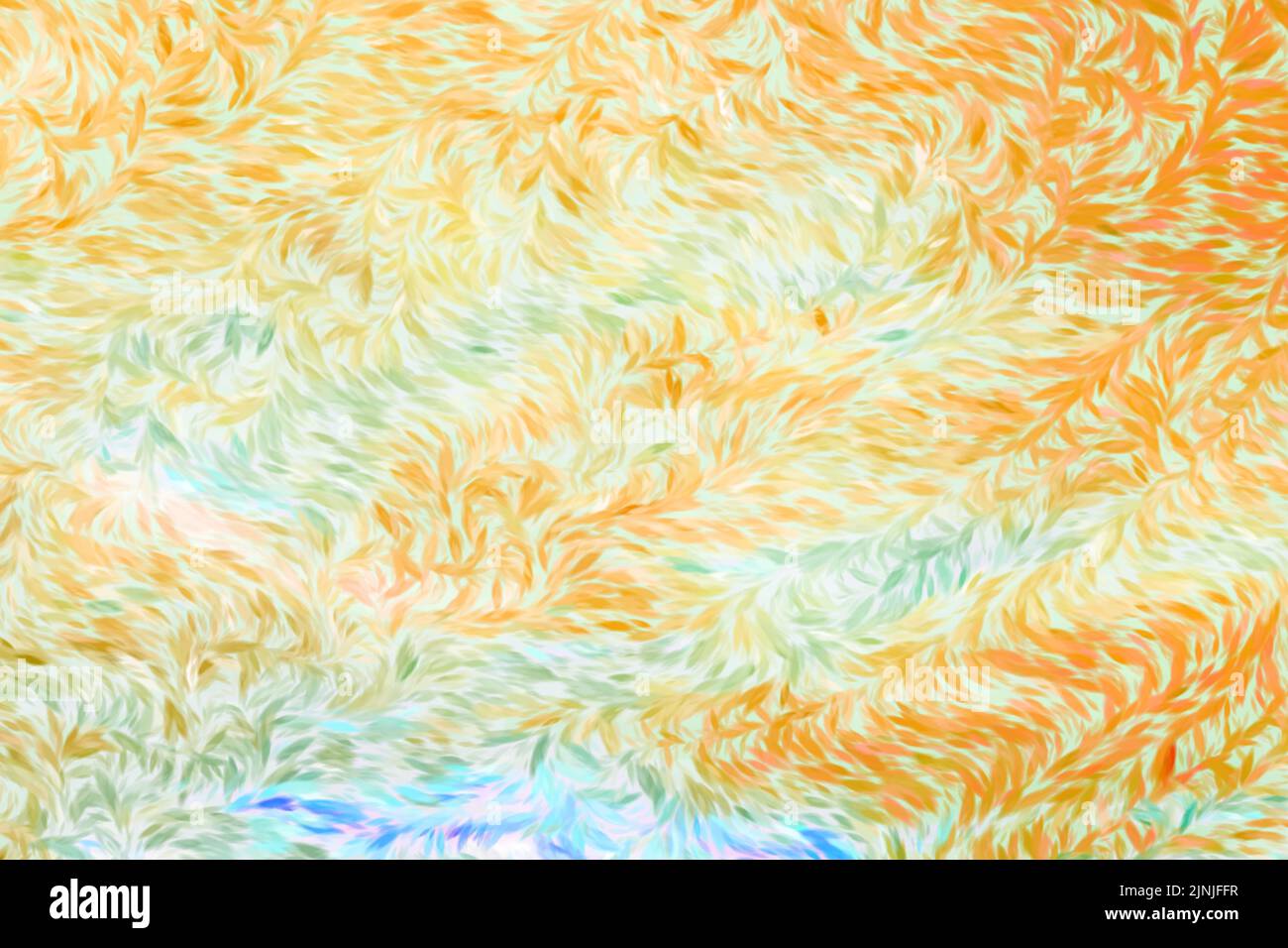 Campo di grano astratto con caratteristica di acqua. Il grano ondulato è fatto nello stile astratto dell'impressionismo artistico di Vincent Van Gogh. Uno sfondo dorato. Illustrazione Vettoriale