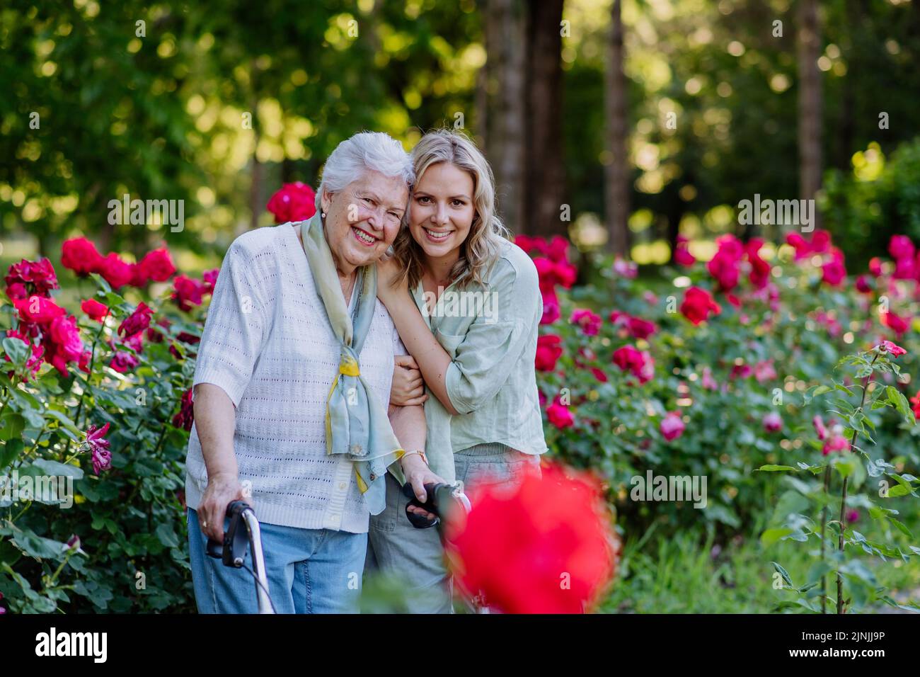 Ritratto di nipote adulto con nonna anziana a piedi nel parco, con rose sullo sfondo Foto Stock