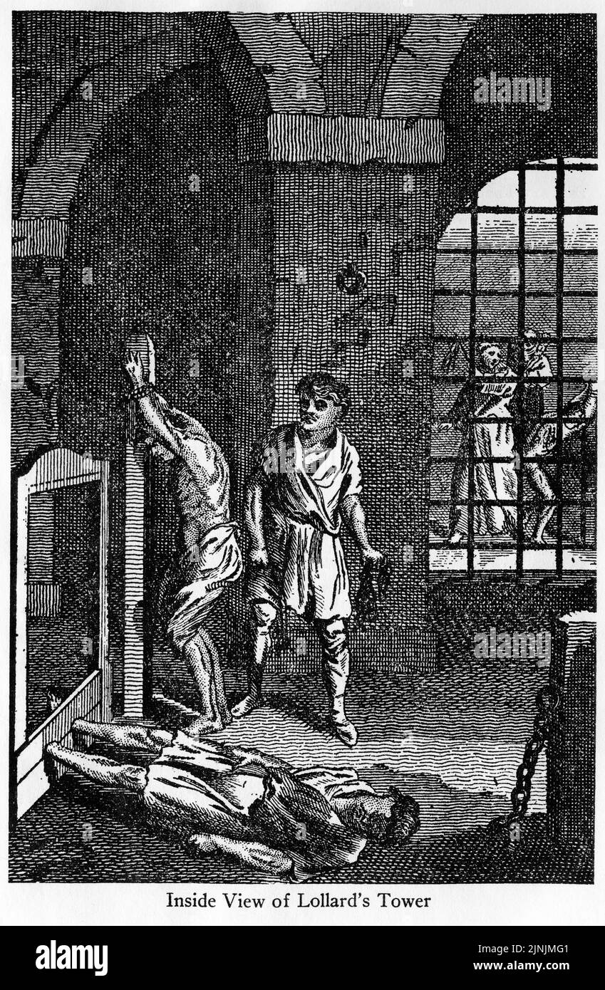 Incisione dei prigionieri nella Lollard's Tower, Inghilterra, circa 1550 Foto Stock