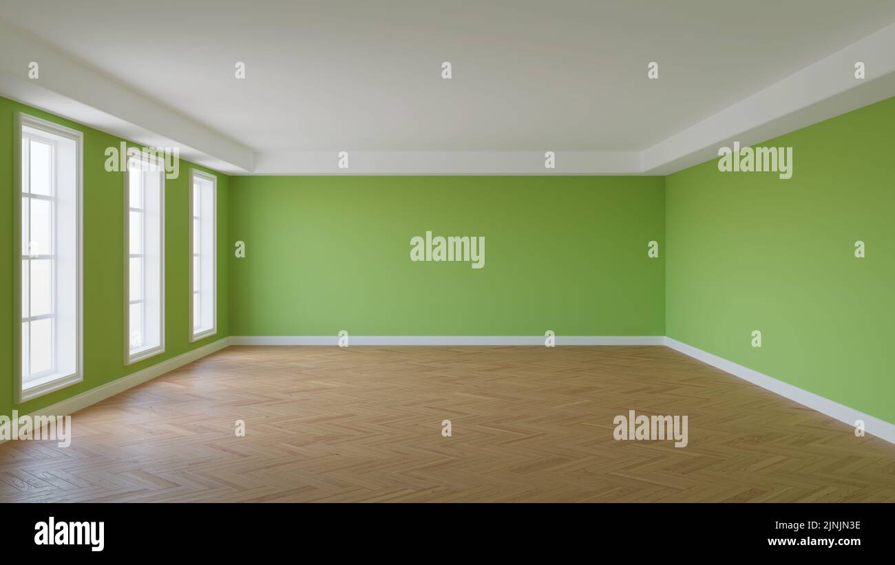 Bella Camera non arredata con pareti verdi, soffitto bianco e cornicione, tre grandi finestre, pavimento in parquet a spina di pesce lucido e un plinto bianco. Concetto di abitacolo, illustrazione 3D. Ultra HD 8K Foto Stock