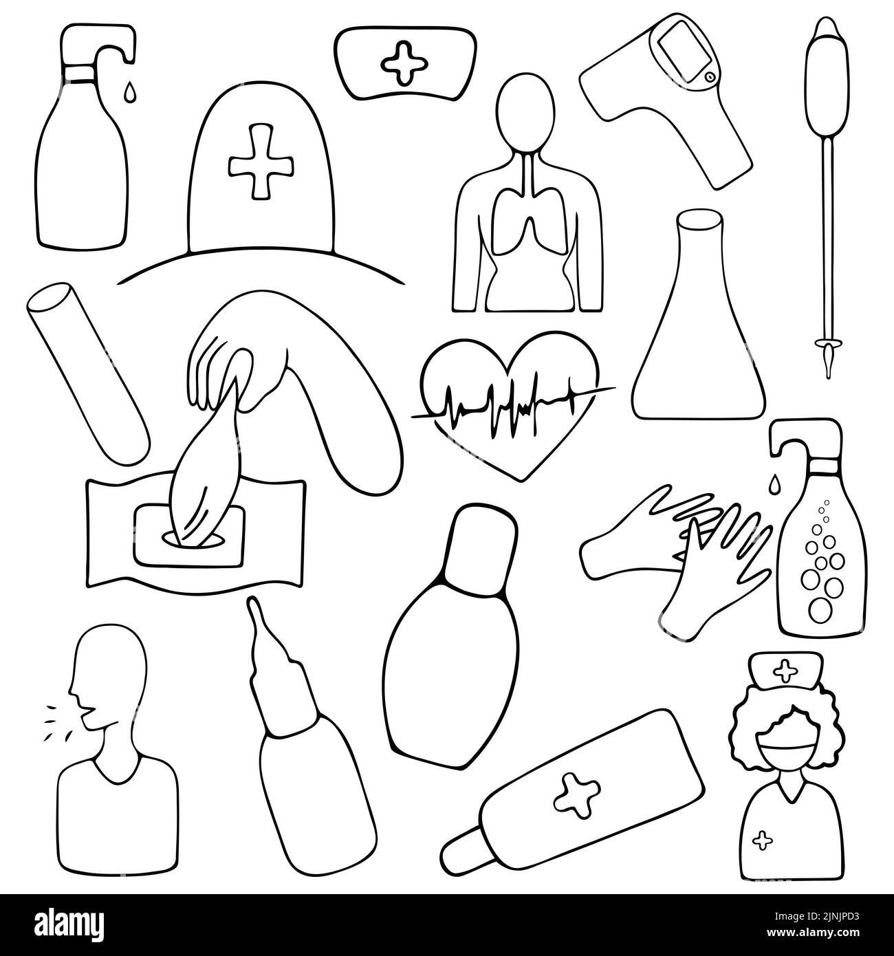 Set medico. Raccolta di elementi sanitari per il web design. Illustrazione vettoriale. Libro da colorare per bambini. Contorno su uno sfondo isolato. Illustrazione Vettoriale