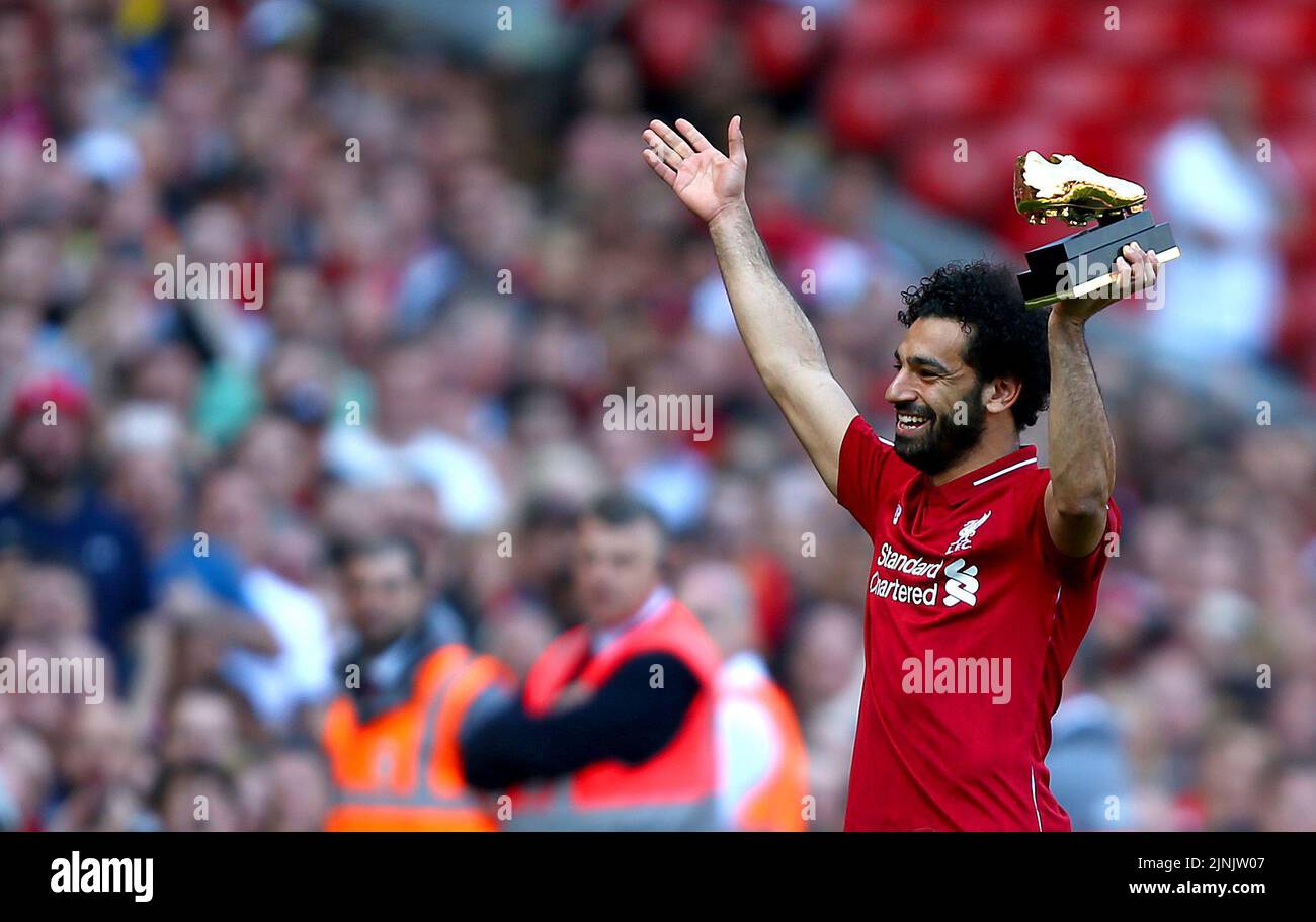 Foto del file datata 13-05-2018 di Mohamed Salah di Liverpool con il premio Golden boot. Salah ha messo il suo breve incantesimo a Chelsea alle sue spalle, stabilendo un record per una stagione di Premier League a 38 gol con 32 gol nel suo primo anno ad Anfield. Data di emissione: Venerdì 12 agosto 2022. Foto Stock