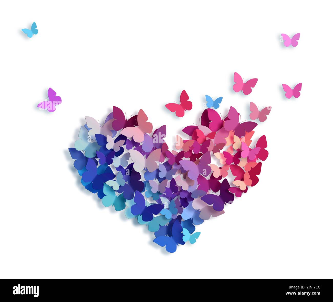 Motivi decorativi di farfalle volanti a forma di cuore isolato su sfondo bianco con spazio copia. Primavera, stagione estiva concetto Foto Stock