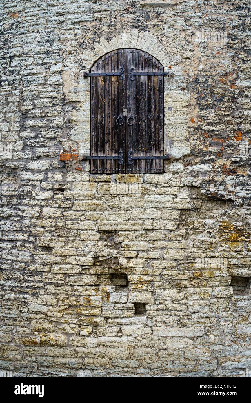 Porta medievale in legno nella facciata del castello in pietra. Foto Stock