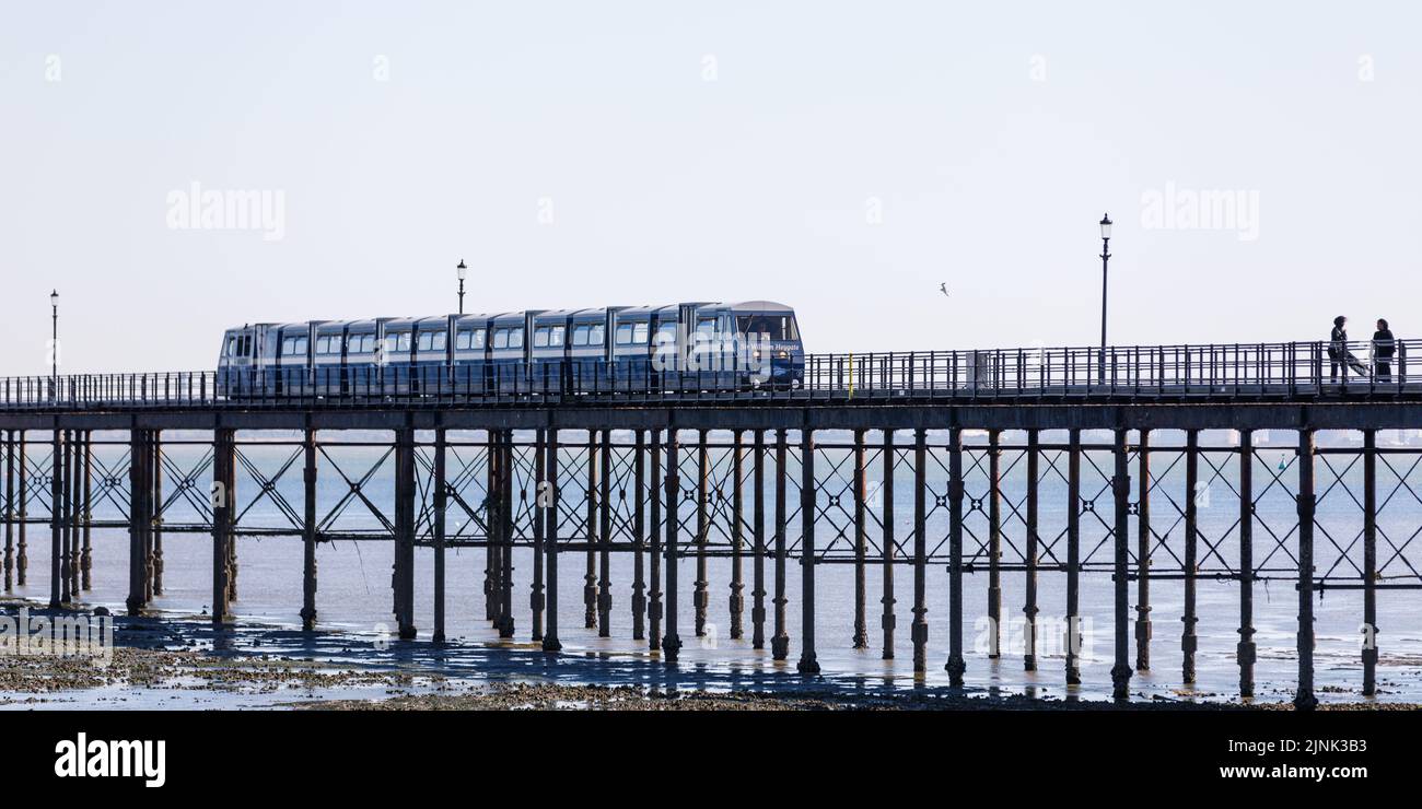Molo di Southend Pleasure con bassa marea e treno in una giornata di sole con cielo blu e luminoso durante l'ondata di caldo estiva nel Regno Unito Foto Stock