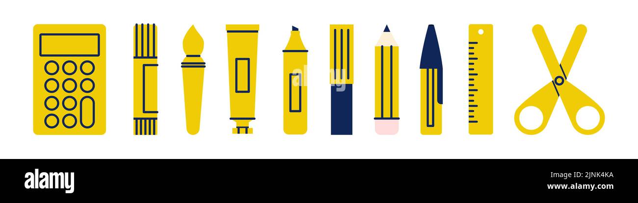 La scuola geometrica fornisce la cancelleria icone set. Ritorno a scuola. Banner orizzontale. Concetto di educazione. Illustrazione vettoriale, design piatto Illustrazione Vettoriale
