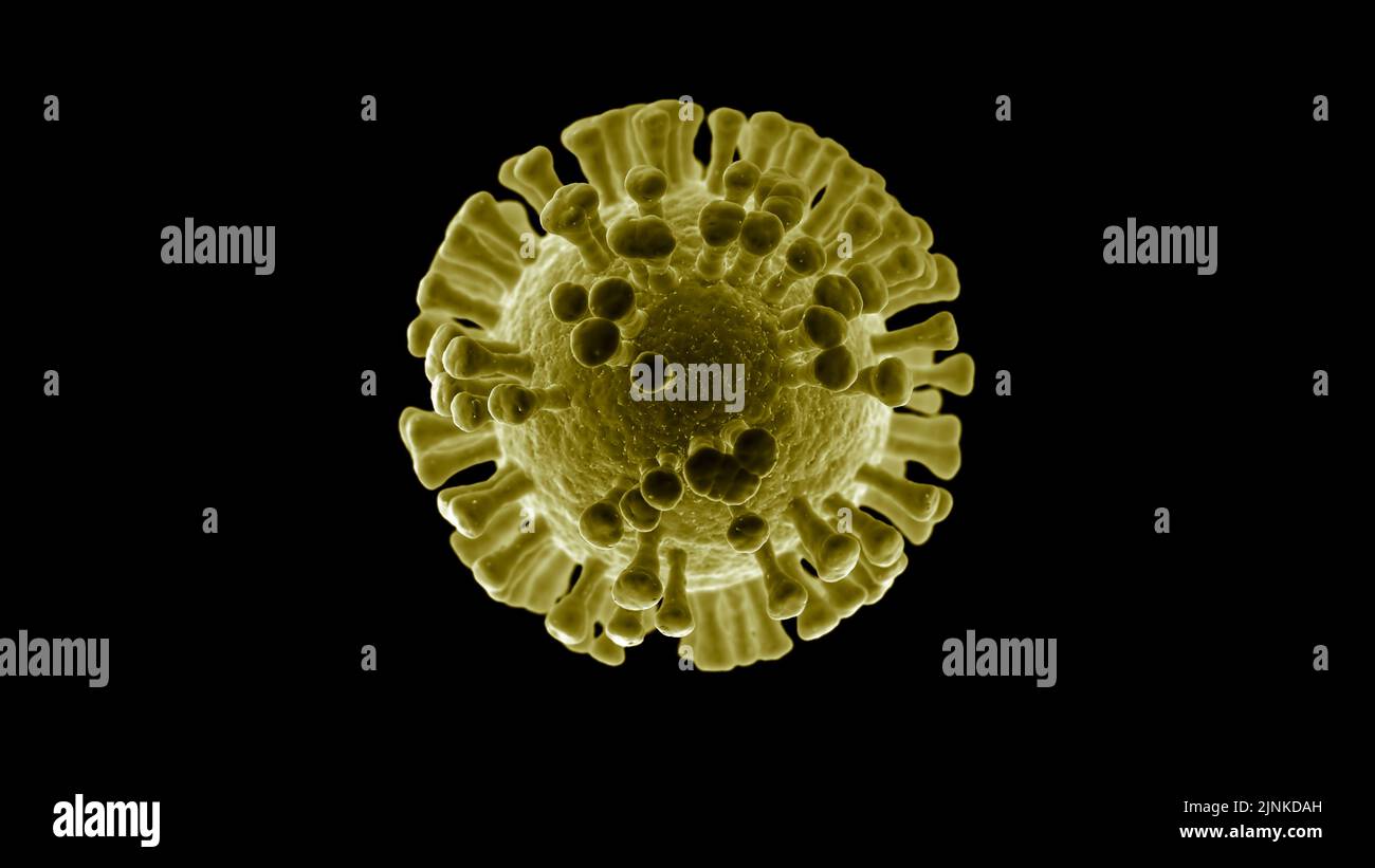 Illustrazione di una cellula virale gialla, infezione virale o malattia infettiva, tagliata isolata su sfondo nero Foto Stock