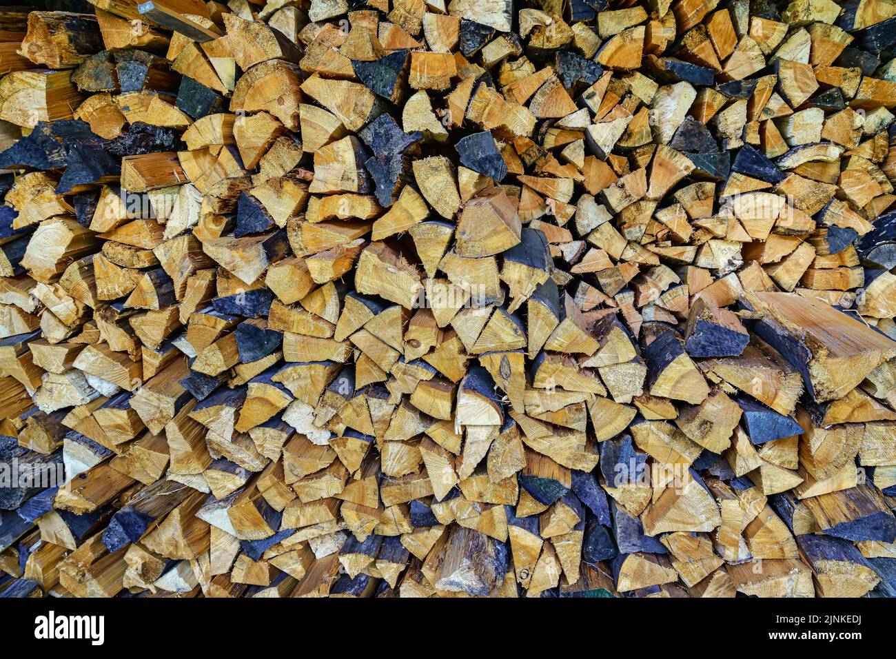 Pila di legna da ardere tagliata e impilata in vari colori. Sfondo. Foto Stock