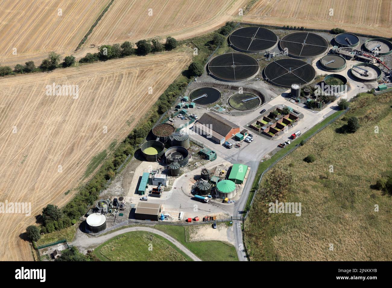 Vista aerea dei lavori di trattamento delle acque reflue di Colburn a Colburn, Catterick Garrison, North Yorkshire Foto Stock