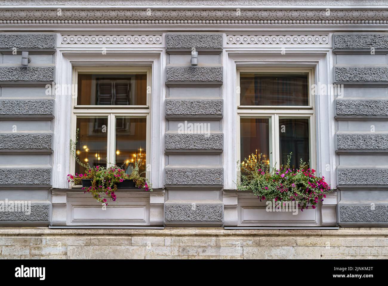 Finestre simmetriche con piante e fiori su una facciata dall'aspetto classico. Foto Stock