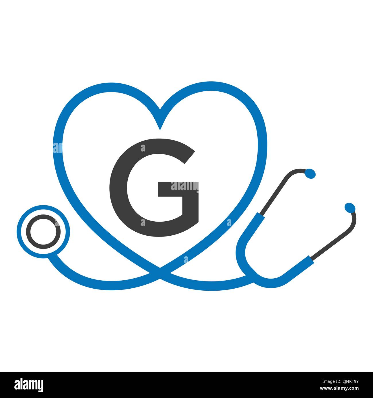 Logo medico sul modello lettera G. Logo dei medici con stetoscopio vettore segno Illustrazione Vettoriale